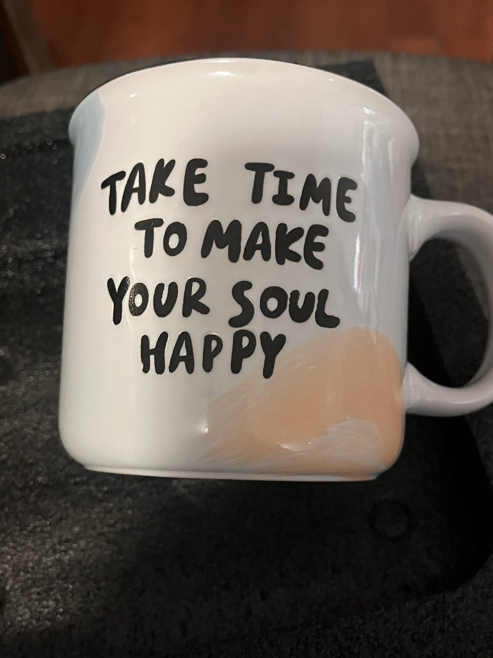 Eccolo White Ceramic Mug with Peach Accent and Black Script